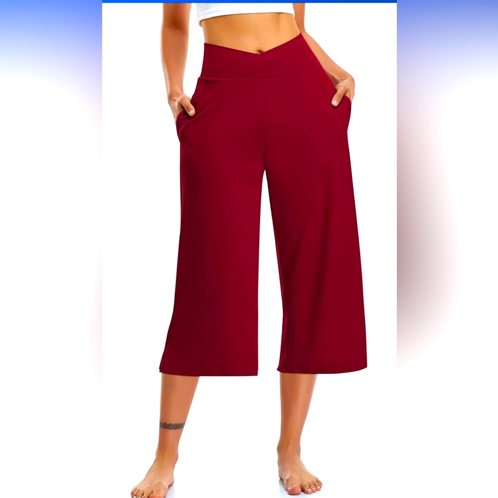 TARSE Womens Casual Wide Leg Yoga Capris Crossover High Waist Capri Pants